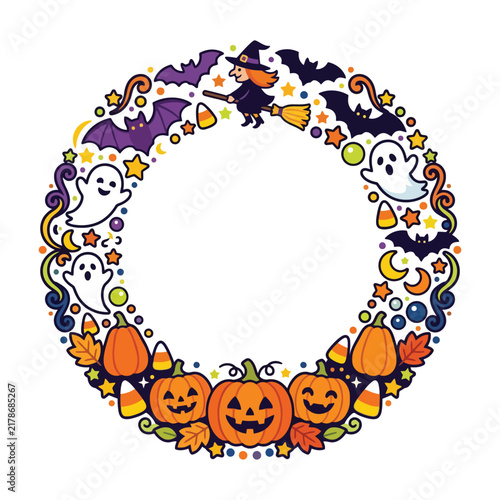 Decorative seasonal wreath featuring festive pumpkins and flying bats alongside spooky ghosts and a witch on a broomstick for holiday celebrations during the autumn season and scary festive