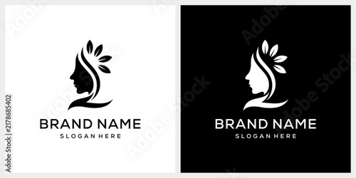 pretty woman face and leaf nature with hand for cosmetic beauty fashion logo design