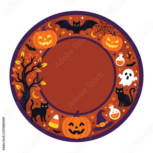 Circular Halloween themed frame featuring orange pumpkins with scary carved faces spooky ghosts black cats bats and autumn trees perfect for festive holiday party invitations or seasonal