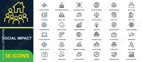 Social Impact and Community Services Line Icon Set – Public Welfare, Education, Healthcare and Governance Icons