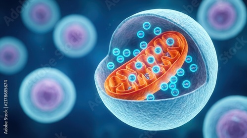 Mitochondria generating ATP molecules as the fundamental energy source for cellular processes within an animal cell cross section.