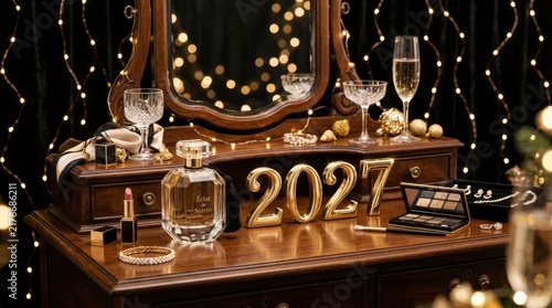 Vintage 2027 New Year celebration, elegant vanity with perfume and champagne, festive holiday beauty and makeup scene