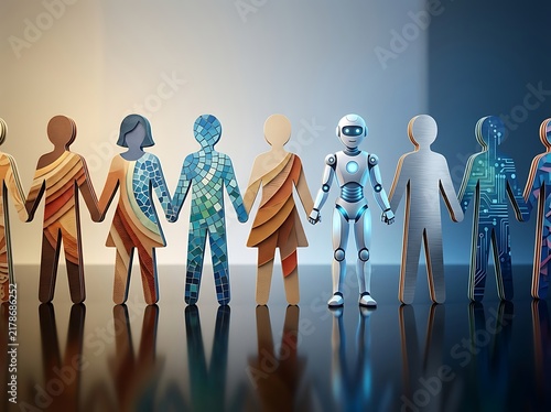 Diverse group of stylized human figures holding hands with a central robot, representing humanai collaboration, technology integration, and unity in digital society