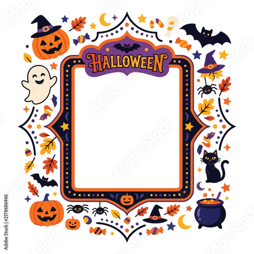 Decorative Festive Autumn Seasonal Border Frame Featuring Smiling Jack O Lantern Pumpkins Spooky Ghost Creepy Bat Silhouette And Mischievous Black Cat For Holiday Party Invitations And Greeting