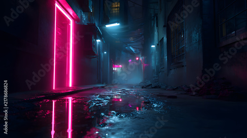 A dark, atmospheric city alley at night with glowing pink neon doorway lighting, reflective rain puddles, and a cinematic cyberpunk aesthetic.