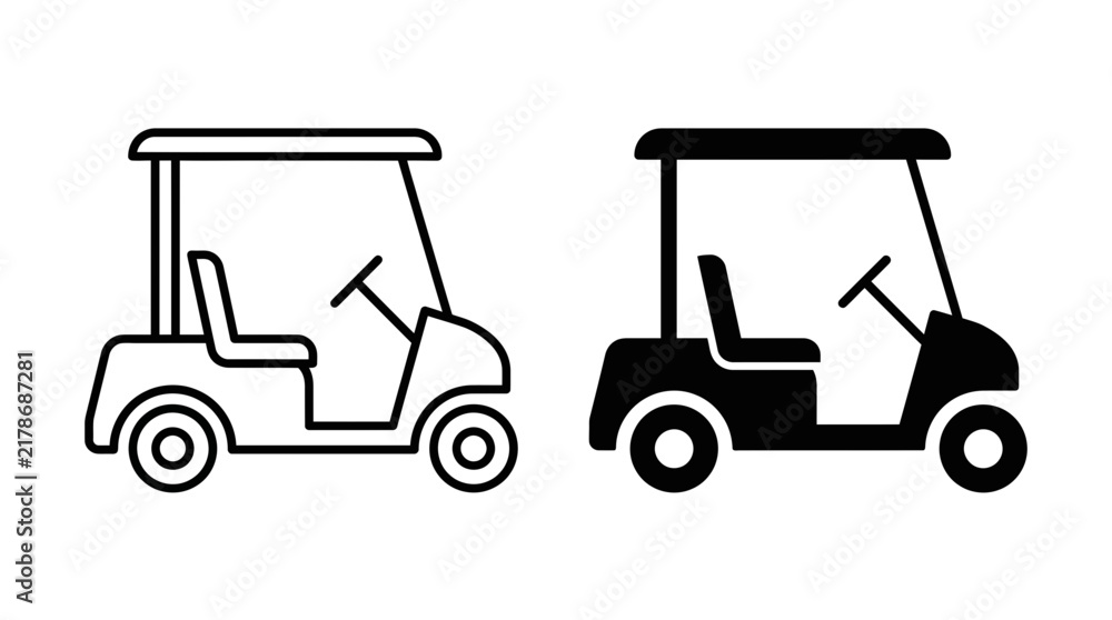 Naklejka premium Golf Cart Icon Vector Set, Black Outline and Solid Electric Vehicle Transportation Symbol for Sports, Travel, Mobility, Recreation, and Modern Graphic Design Template Illustration Artwork