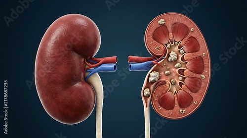 3d medical illustration of human kidneys with kidney stones, showing both an intact kidney and a crosssection view of a kidney with nephrolithiasis