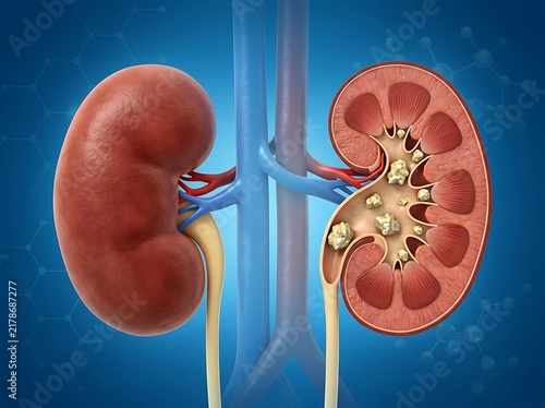 3d medical illustration of human kidneys with kidney stones inside the renal pelvis and calyces, showing internal anatomy and urological health condition
