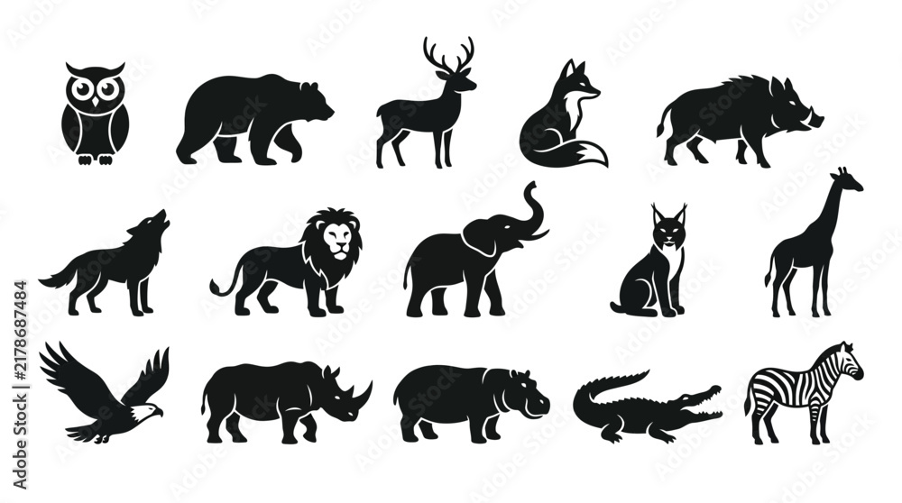 Obraz premium Wild Animals Vector Silhouette Collection Featuring Lion Elephant Giraffe Zebra Bear Wolf Deer Eagle Crocodile Wildlife Safari Nature Icon Set