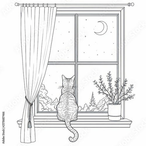 Minimalist line art of a cat sitting on a windowsill, staring out at the crescent moon in monochrome