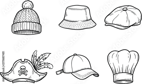 Hats collection set beanie bucket hat flat cap pirate tricorn baseball cap chef hat line art vector.