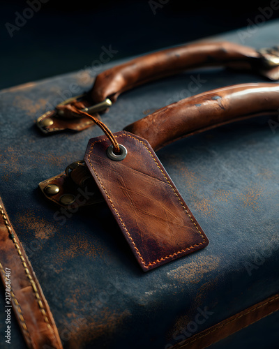 Close-up of a vintage leather luggage tag attached to an old worn suitcase, representing travel, nostalgia, and adventure.