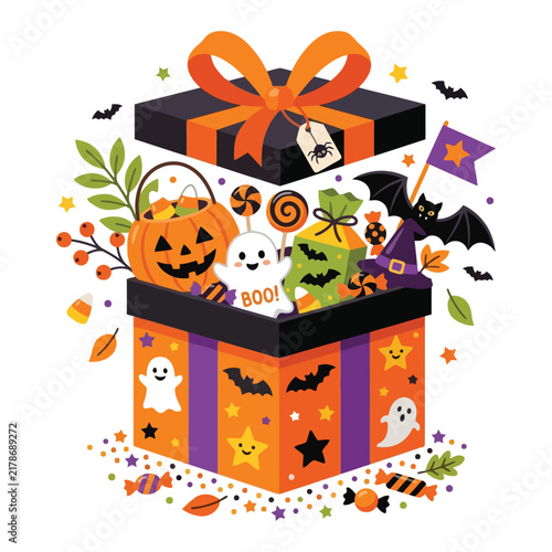 Festive Halloween Surprise Gift Box Filled With Spooky Candies And Charming Decorations Featuring Jack O Lantern Ghost Figures And Bats For Autumn Holiday Celebrations To Delight Friends And