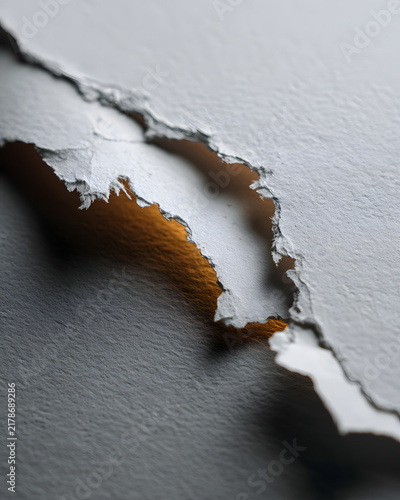 Macro close-up of torn white paper with rough edges and a soft golden light glowing through the gap, textured abstract background.
