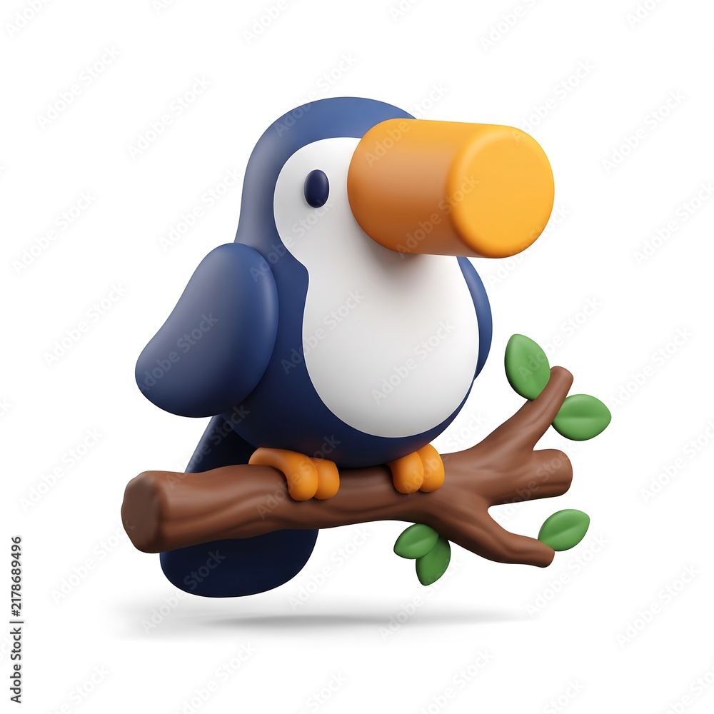 Obraz premium 3D render of a cute toucan bird perched on a branch with tropical bird large beak wooden branch cute animal