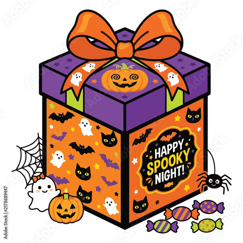 A festive purple and orange gift box decorated with spooky characters and halloween symbols for celebrating the holiday season with friends and family while sharing tasty candies and sweet treats