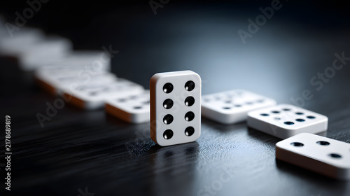A single white domino piece standing upright amidst a chain reaction, symbolizing business strategy, disruption, and cause and effect.