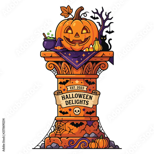 A Spooky Decorative Pillar Display Features A Glowing Jackolantern With A Witch Hat A Black Cat And Magical Potions To Celebrate The Joyful Autumnal Season Of Frightful Fun And Harvest Traditions