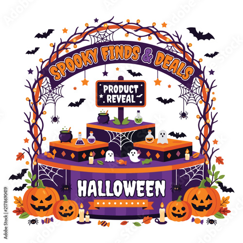 Spooky Halloween festive seasonal showcase display stand featuring carved pumpkins and creepy spider webs for holiday commerce promotions and marketing events designed to attract buyers and