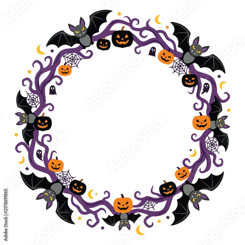 Festive Halloween circular wreath featuring spooky flying bats twisted purple vines orange jack o lanterns and spider webs perfect for seasonal celebration designs and holiday party invitation