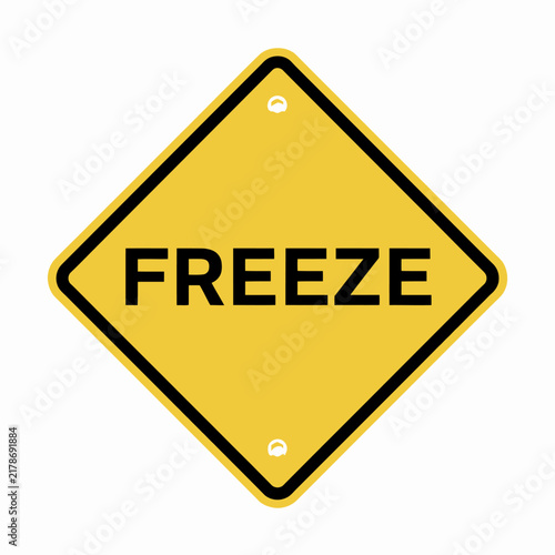 Yellow diamond shaped road warning sign with the word freeze written in bold black capital letters