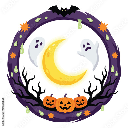 Circular frame featuring a smiling carved pumpkin trio with flying ghosts and a glowing crescent moon surrounded by creepy bare tree branches and a perched bat for seasonal celebration