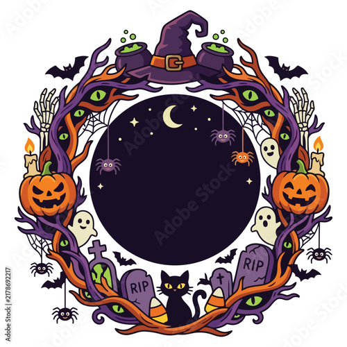 Spooky wreath featuring pumpkins and ghosts surrounding a crescent moon frame for festive autumnal celebrations during the autumn season gathering with creepy creatures under the starry night