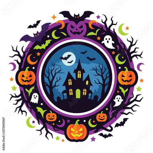 Spooky Halloween Celebration Wreath Featuring Haunted Houses With Jack O Lanterns And Flying Bats In A Circular Pattern Perfect For Festive Seasonal Party Decoration Needs And Creepy Night