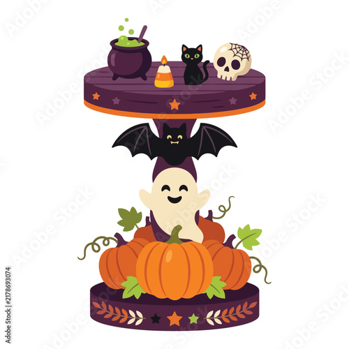 Halloween tiered tray display featuring a carved pumpkin ghost and spooky cat with a bubbling cauldron for autumn holiday parties and festive home decorations to celebrate the fun scary autumn