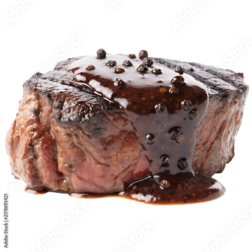 Grilled Beef Steak with Peppercorn Sauce Isolated on White Background