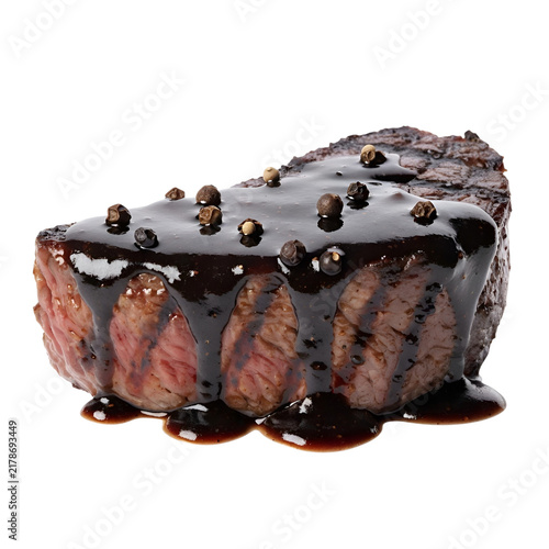 Grilled Beef Steak with Peppercorn Sauce Isolated on White Background