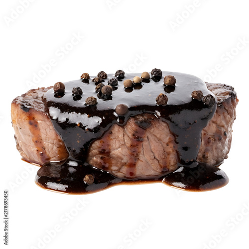 Grilled Beef Steak with Peppercorn Sauce Isolated on White Background