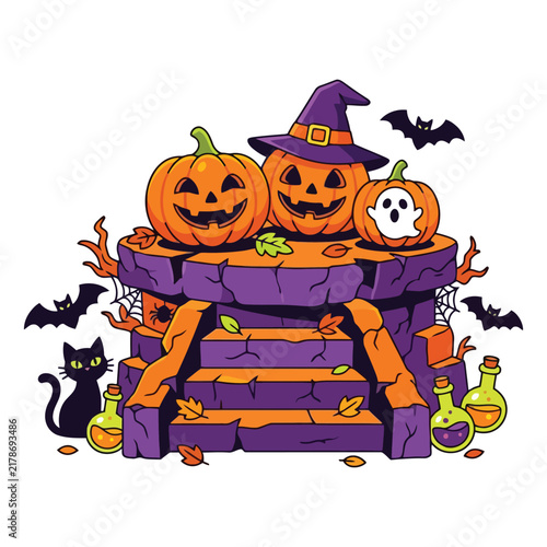 Festive seasonal scene featuring carved pumpkin faces with witch hat sitting on purple stone stairs with black cat and bats flying around for holiday celebrations during the month of late october