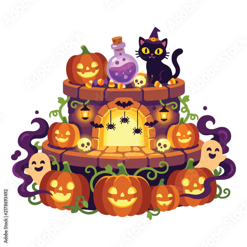 A festive spooky display featuring carved pumpkins and a mysterious black cat perched atop a glowing brick chimney surrounded by happy ghosts and magical potions perfect for autumn holiday