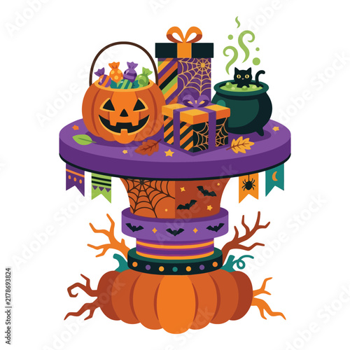Festive Halloween Table With A Pumpkin Shaped Candy Bucket And Mystery Wrapped Gifts Placed Alongside A Smoking Cauldron Containing A Black Cat For An Atmospheric Celebration Of The Autumn