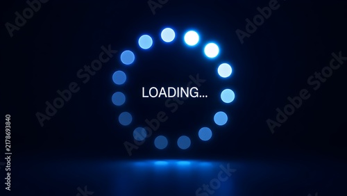 Glowing blue circular loading icon with dots and loading text on dark background representing digital progress and buffering.