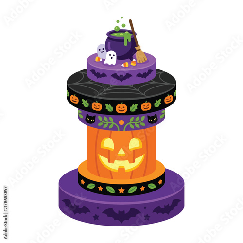 Tiered halloween dessert cake decorated with pumpkin faces and purple icing features mystical witch potion caldron with broomstick topping for festive autumn celebration party food snack treats