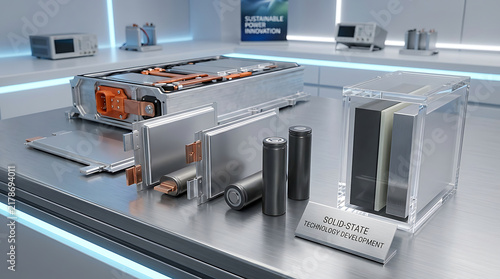 Advanced electric vehicle battery modules and components displayed on a metallic workbench in a clean manufacturing laboratory with electric