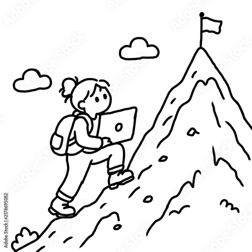Woman Climbing Mountain with Laptop and Goal Flag Doodle. Hand-drawn black and white doodle illustration of a woman climbing a mountain while carrying a laptop, with a flag at the summit.