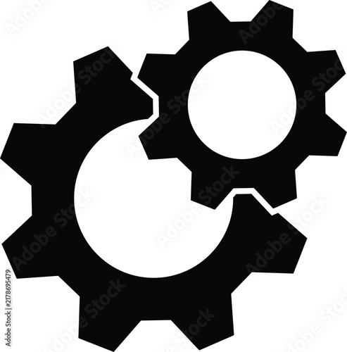 Simple black and white icon illustration featuring two interlocking mechanical gears representing teamwork and engineering concepts