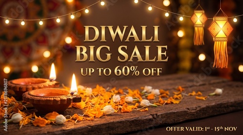 Diwali Big Sale Festive Background with Traditional Diyas, Marigold Flowers and Warm Lights