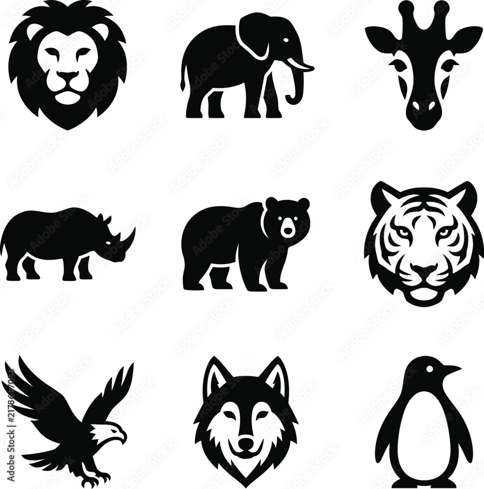 Obraz premium Set of black wild animal icons featuring lion elephant and tiger faces