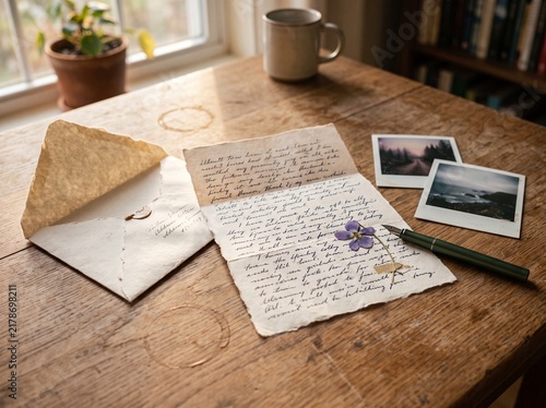 An old letter with a pressed flower and a fountain pen sits on a wooden table, next to a cup and two photographs. The scene evokes nostalgia and sentimentality