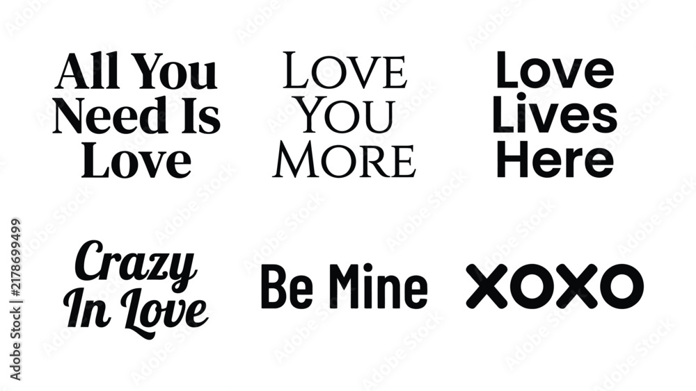 Fototapeta premium All you need is love various textual art pieces on white background simple designs