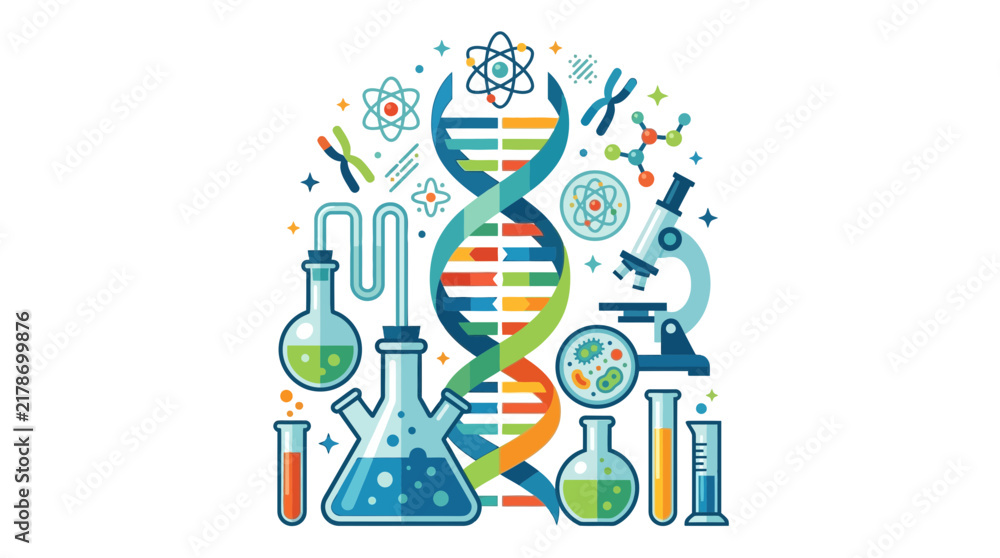 Naklejka premium Scientific Research Concept with DNA and Laboratory Equipment