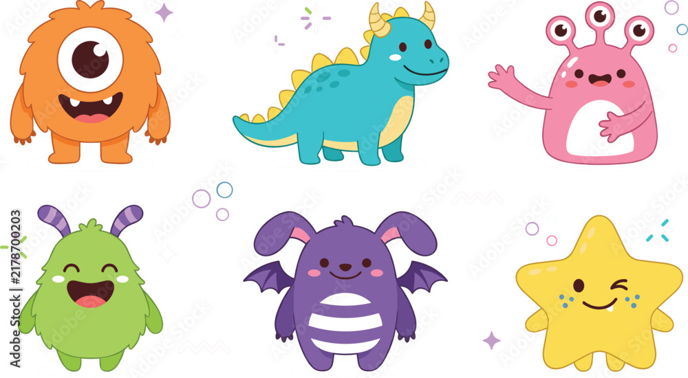 Obraz premium Cute Monster and Alien Character Vector Set Featuring Friendly Cartoon Dragon, Cyclops, Star, and Winged Creatures for Kids Birthday Party and School Designs