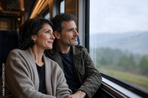 Middle aged couple looking out the window on a train journey. Man and woman traveling together by rail. Scenic train ride concept