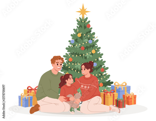 Happy Family Enjoying Christmas Together Near Decorated Tree and Holiday Gifts. Flat Vector Illustration.