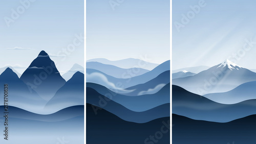 Three blue mountain landscape with fog and soft light in minimalist style