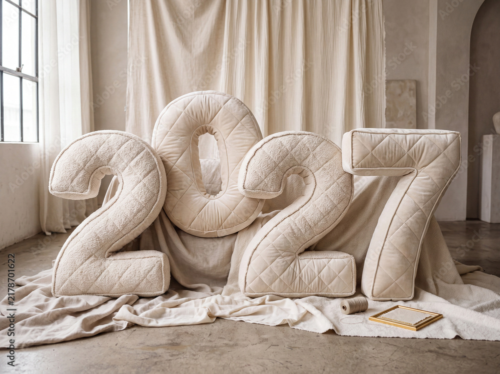 Obraz premium Soft textile 2027 numbers crafted from quilted and plush fabric in a warm neutral interior, creating a cozy handcrafted New Year decoration concept.